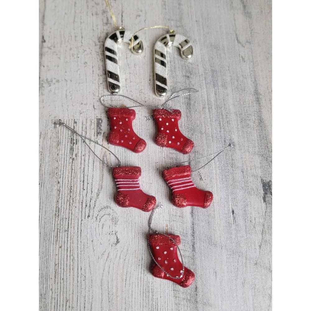 Mini candy cane stocking glitter ornament‎ Xmas set